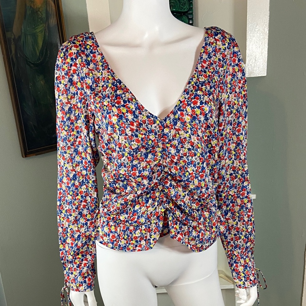 H&M Multicolor Floral Blouse smocked top shirt medium M Ditsy Long Sleeve